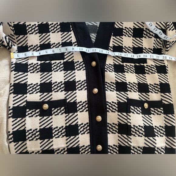 Sandro Checkered Knit Cardigan oversized Black Cream Gold Button V‑neck - Picture 5 of 7